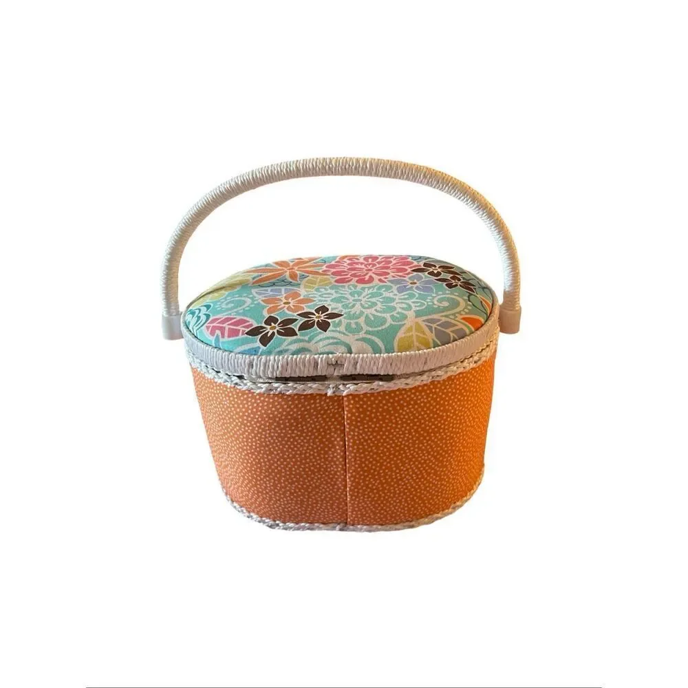 NEW St. Jane Collection Orange Polka Dot Base Floral Lid Footed Sewing Basket